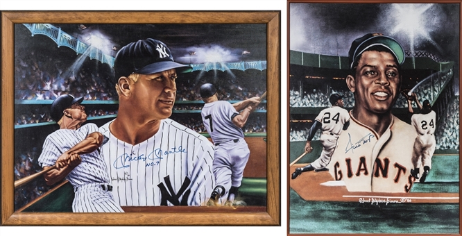 Lot of (2) Framed Robert Stephen Simon Artwork – Litho & Photo Featuring Willie Mays (Signed) In 18 x 24 Display & Mickey Mantle (Signed) In 26 x 20 Display (Beckett)